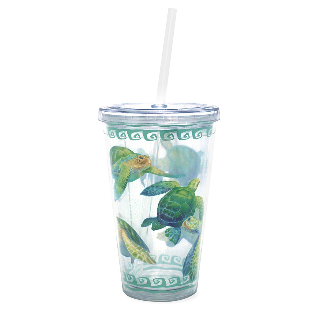 Travel Tumbler with Straw, Swimming Honu, 16 oz.