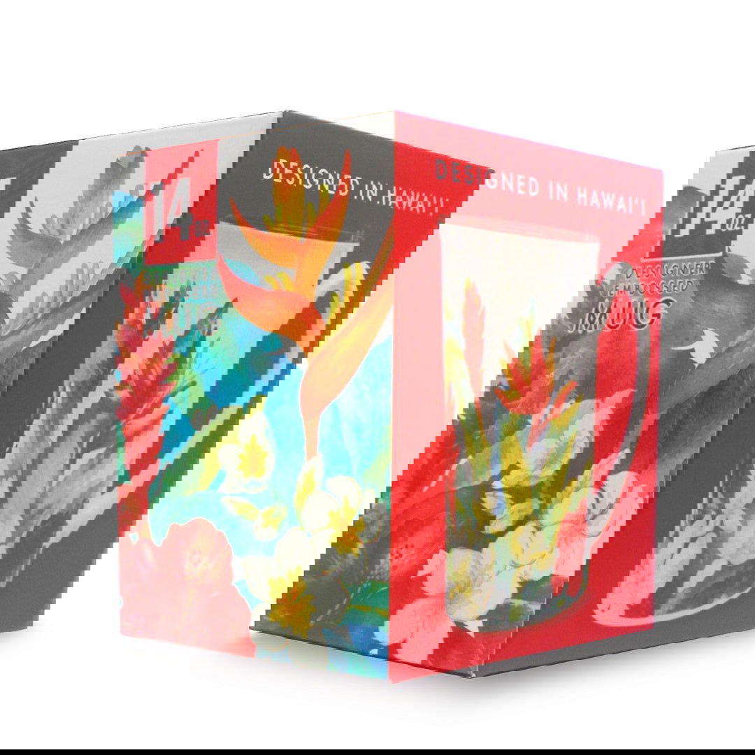 14 oz. embossed mug featuring an Island Garden design, showcasing intricate tropical floral patterns, perfect for enjoying your favorite beverages.