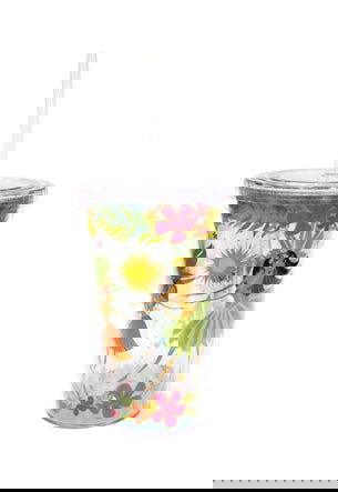 16 oz. travel tumbler with straw featuring an Island Hula Honeys design, perfect for enjoying beverages with a fun tropical flair.