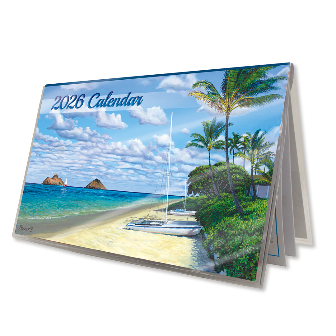 2026 pocket calendar with a beach and palm tree painting
