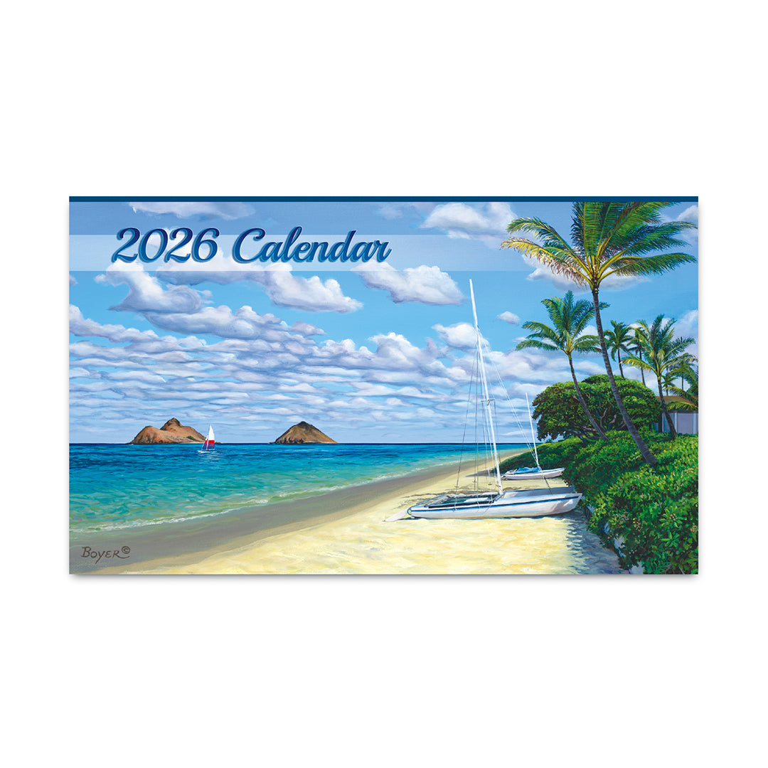 2026 pocket calendar with a tropical beach scene featuring palm trees and a sailboat.