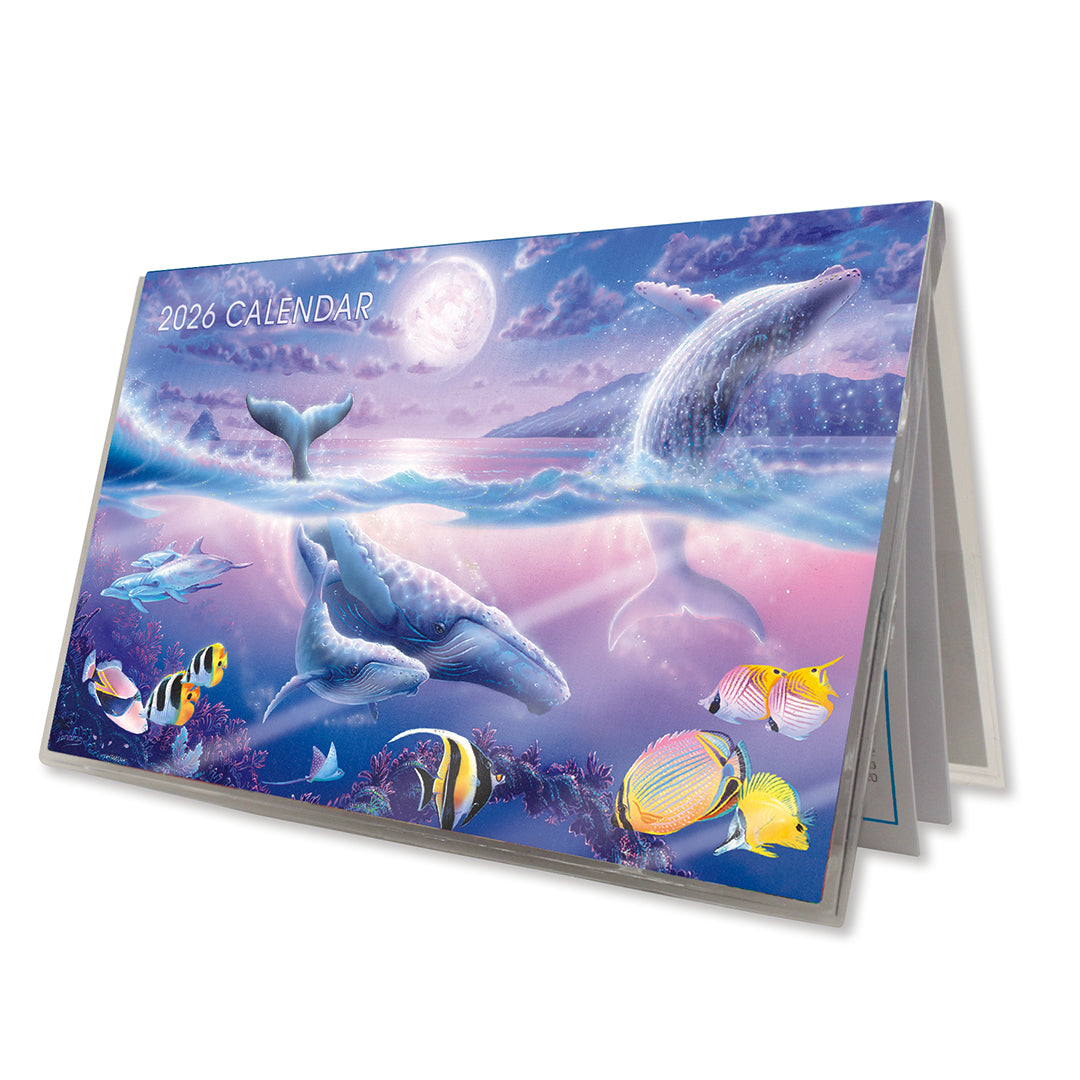 2026 pocket calendar with vibrant tropical artwork and marine-themed illustrations, shown from a quarter angle.