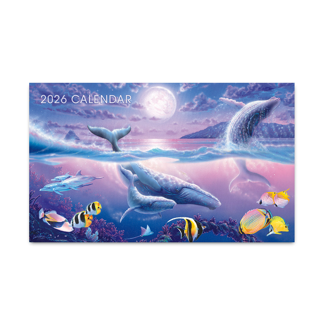 2026 calendar with an underwater scene featuring whales and fish.