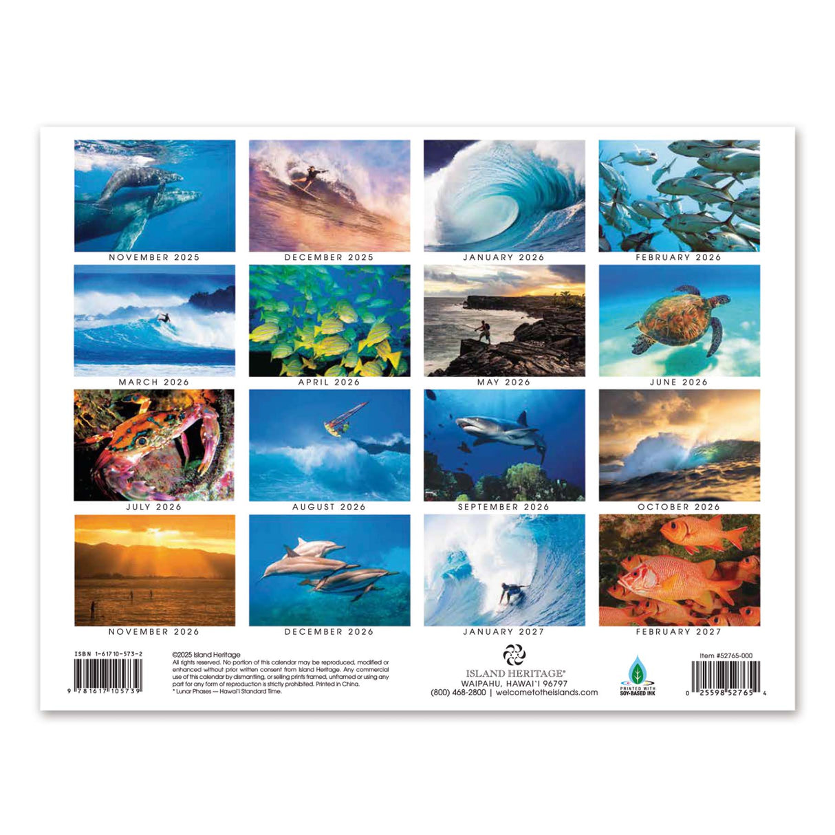 Calendar with various ocean-themed images for each month from November 2025 to February 2027.