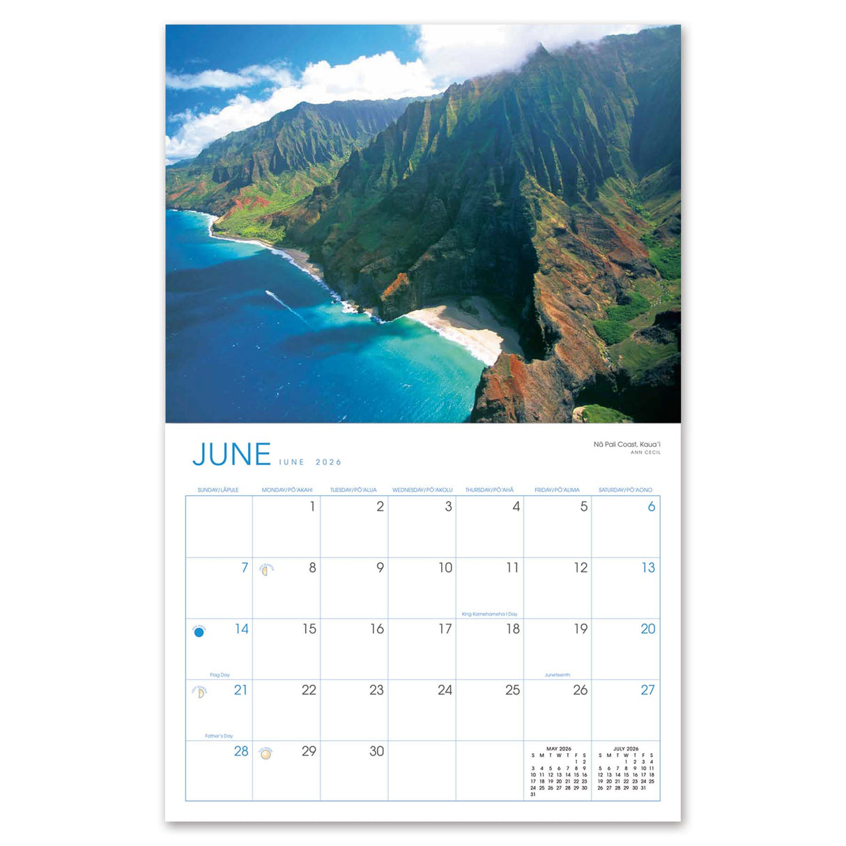 Calendar with a scenic view of a mountainous landscape and blue ocean for June 2026