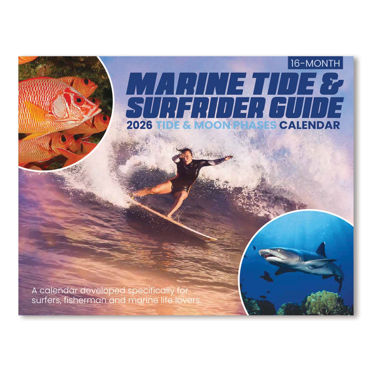 Calendar cover featuring a surfer, fish, and shark with text about marine life and tides.