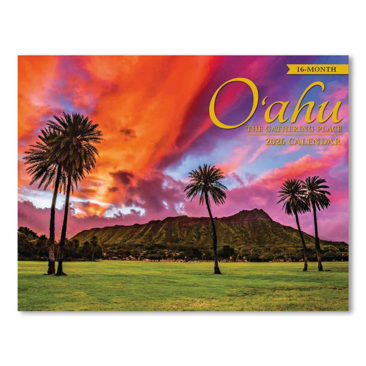 Calendar cover with palm trees and mountain landscape, featuring the text 'O'ahu The Gathering Place 2026 Calendar'.