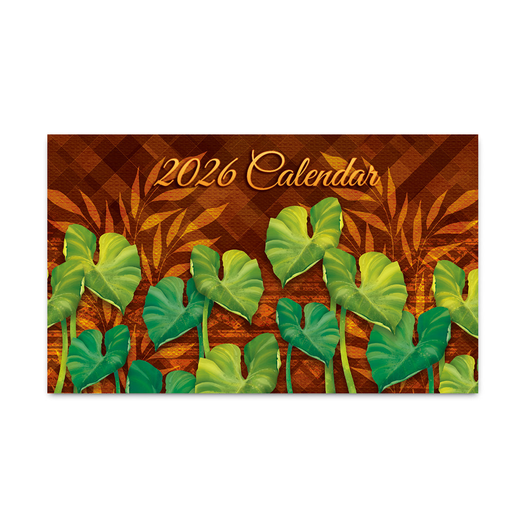 2026 pocket calendar with green kalo leaf design on a brown tapa background front view