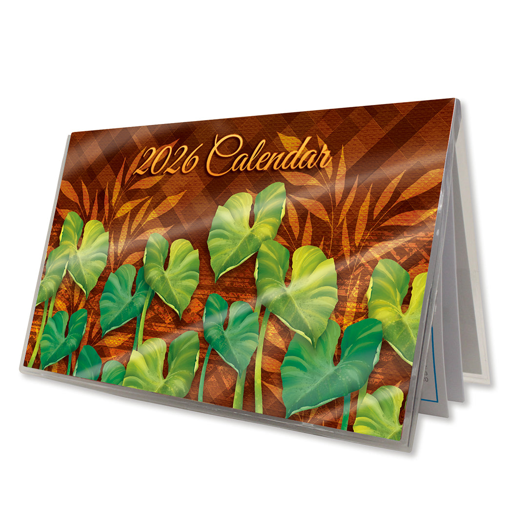2026 pocket calendar with green kalo leaf design on a brown tapa background