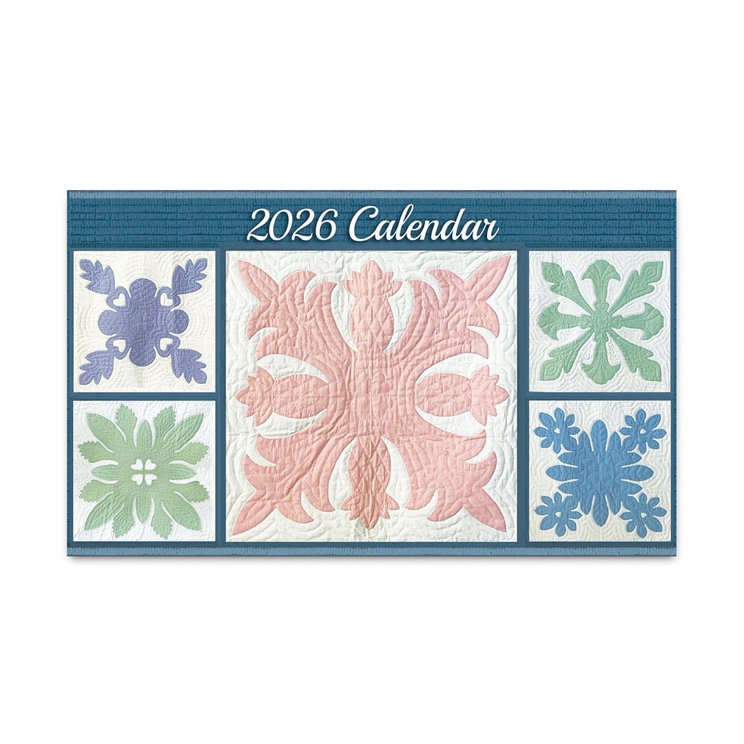 2026 calendar with quilt designs on a blue border