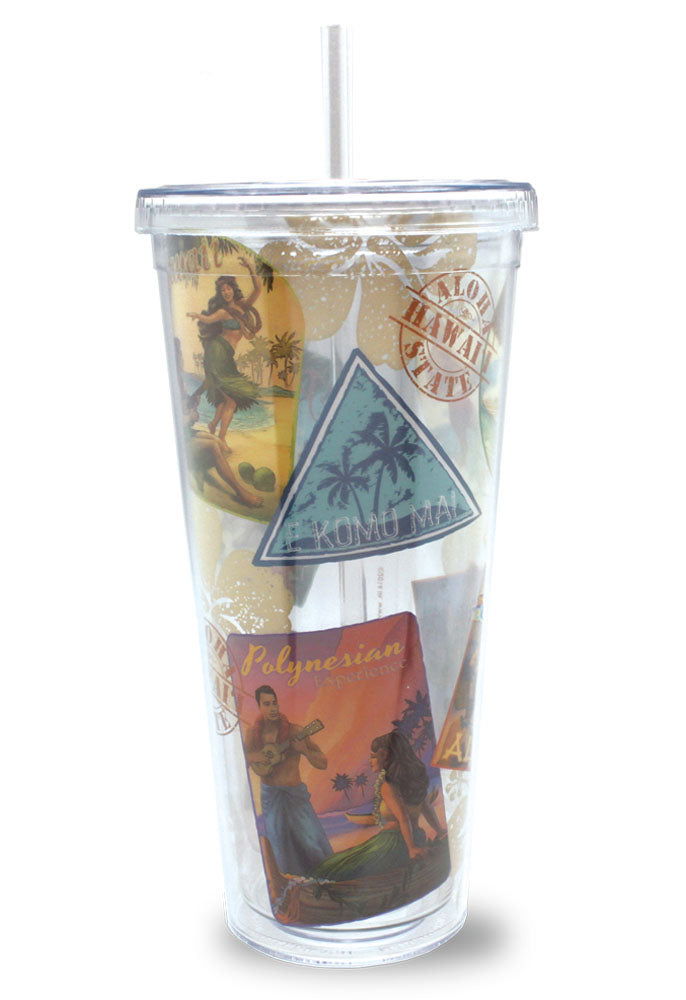 24 oz. travel tumbler with straw featuring a Nostalgic Hawaii design, perfect for enjoying beverages on the go.