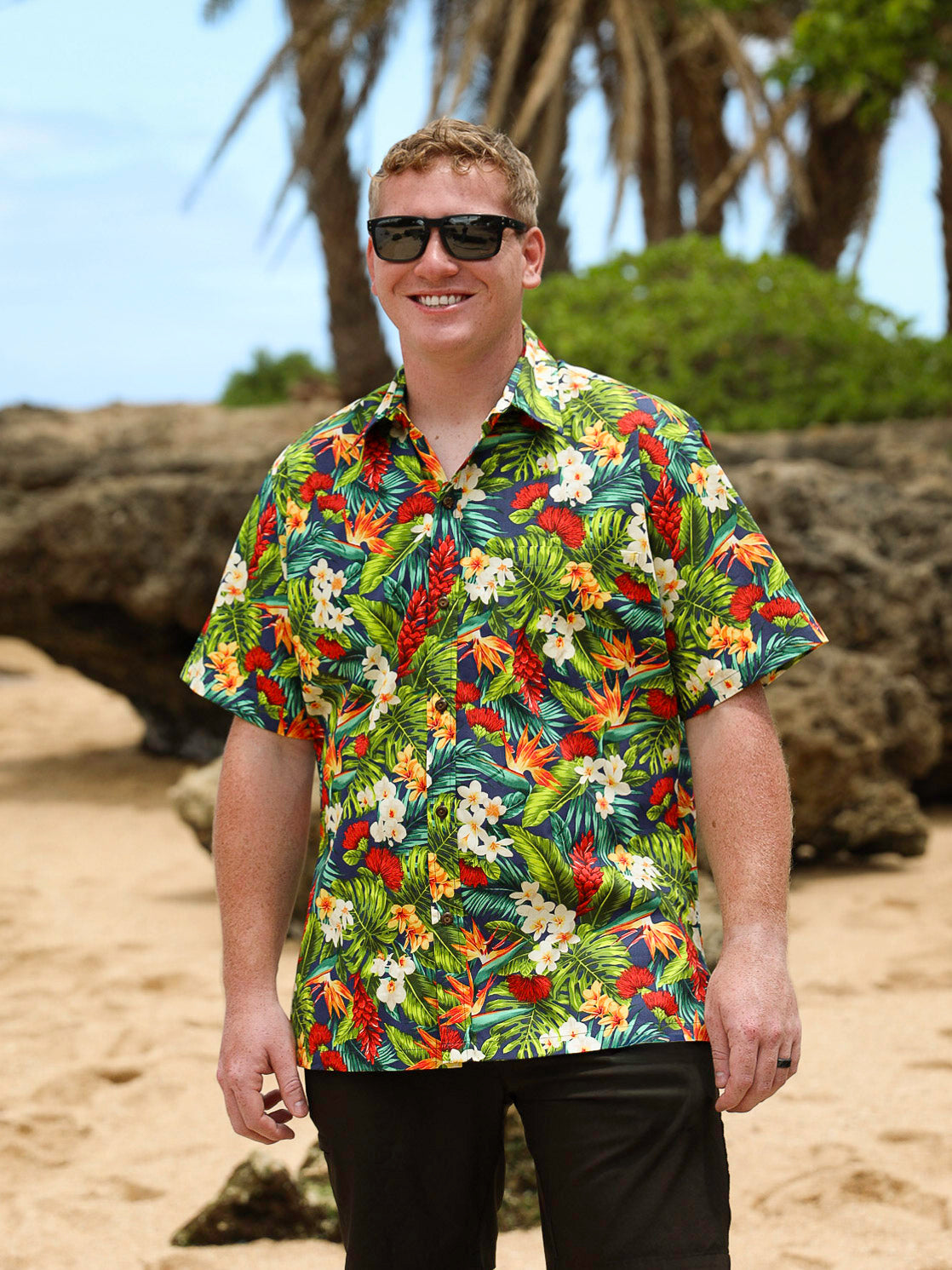 Tropical Flora Navy Mens Aloha Shirt