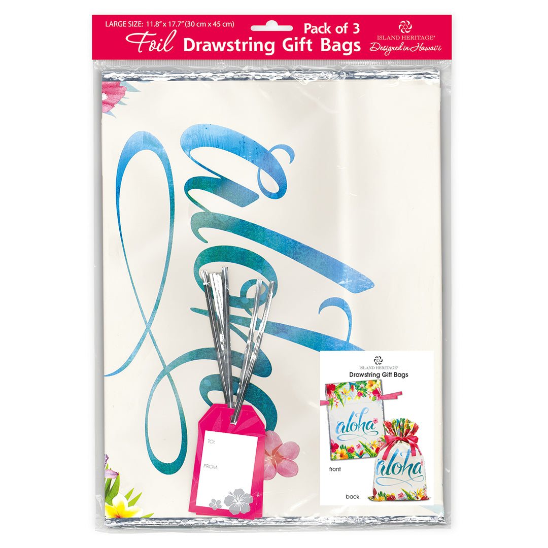 Foil Drawstring Gift Bags, Aloha Floral, 3-Pack