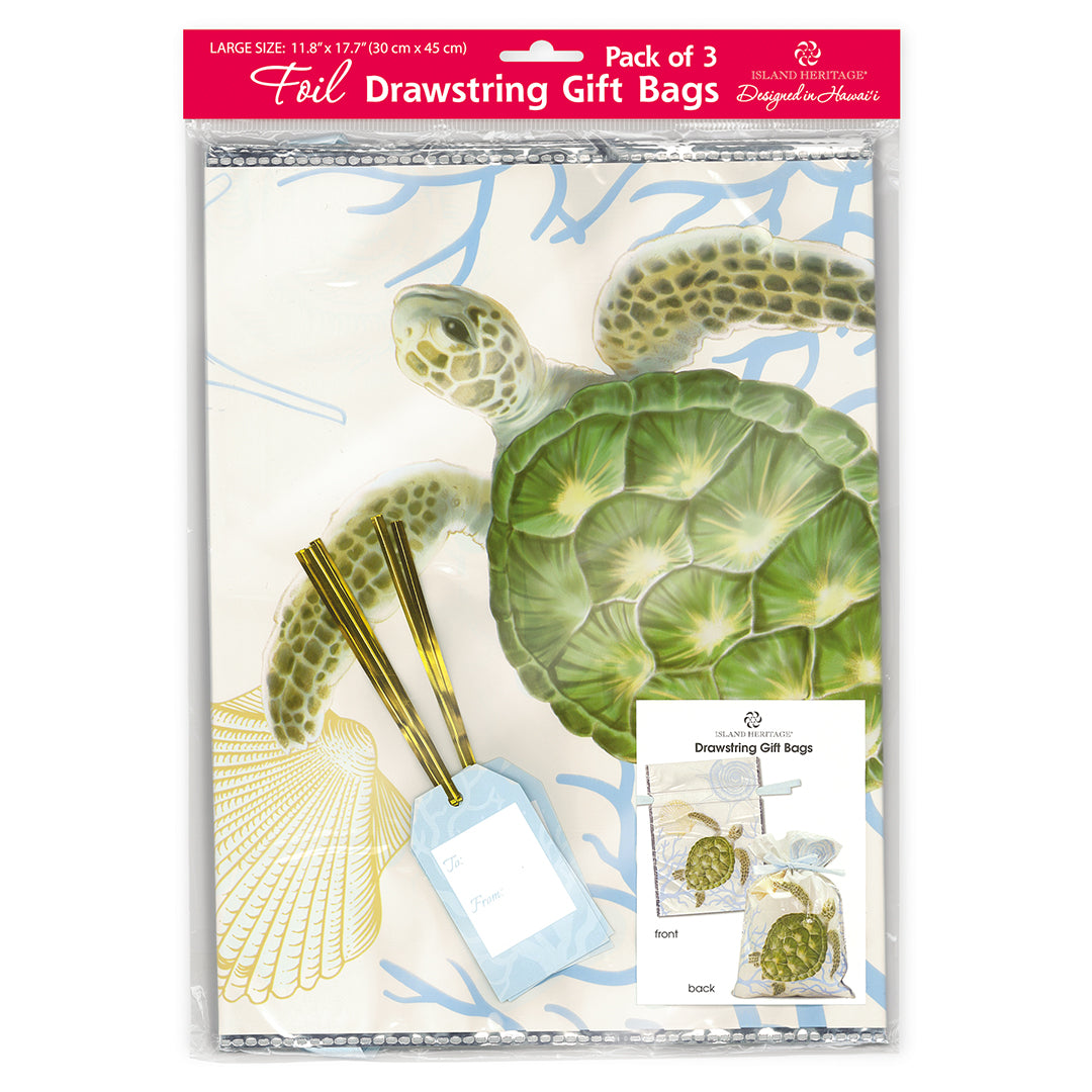 Foil Drawstring Gift Bags, Honu Voyage, 3-Pack