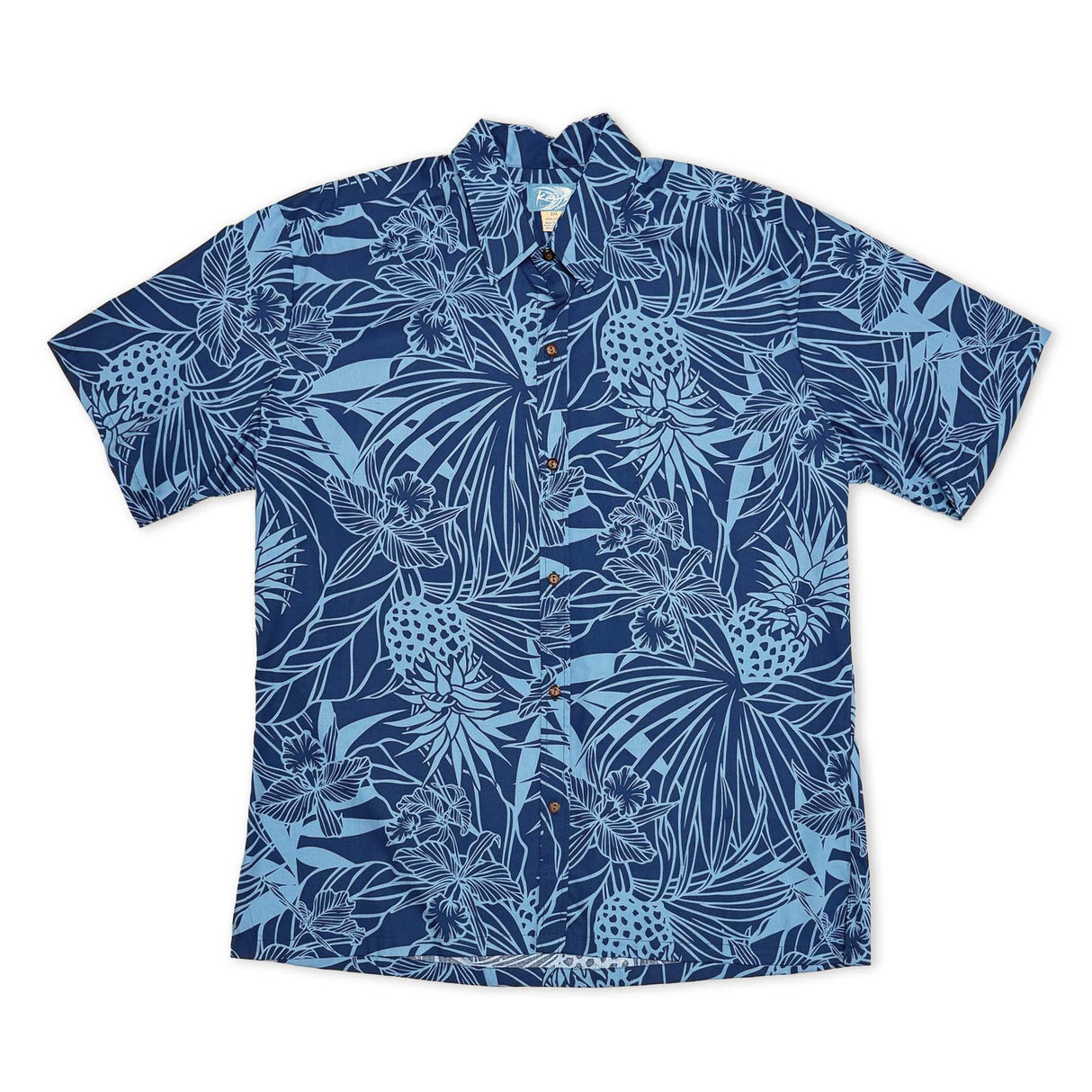 Pineapple Orchid Tropical Leaves Navy Mens Aloha Shirt