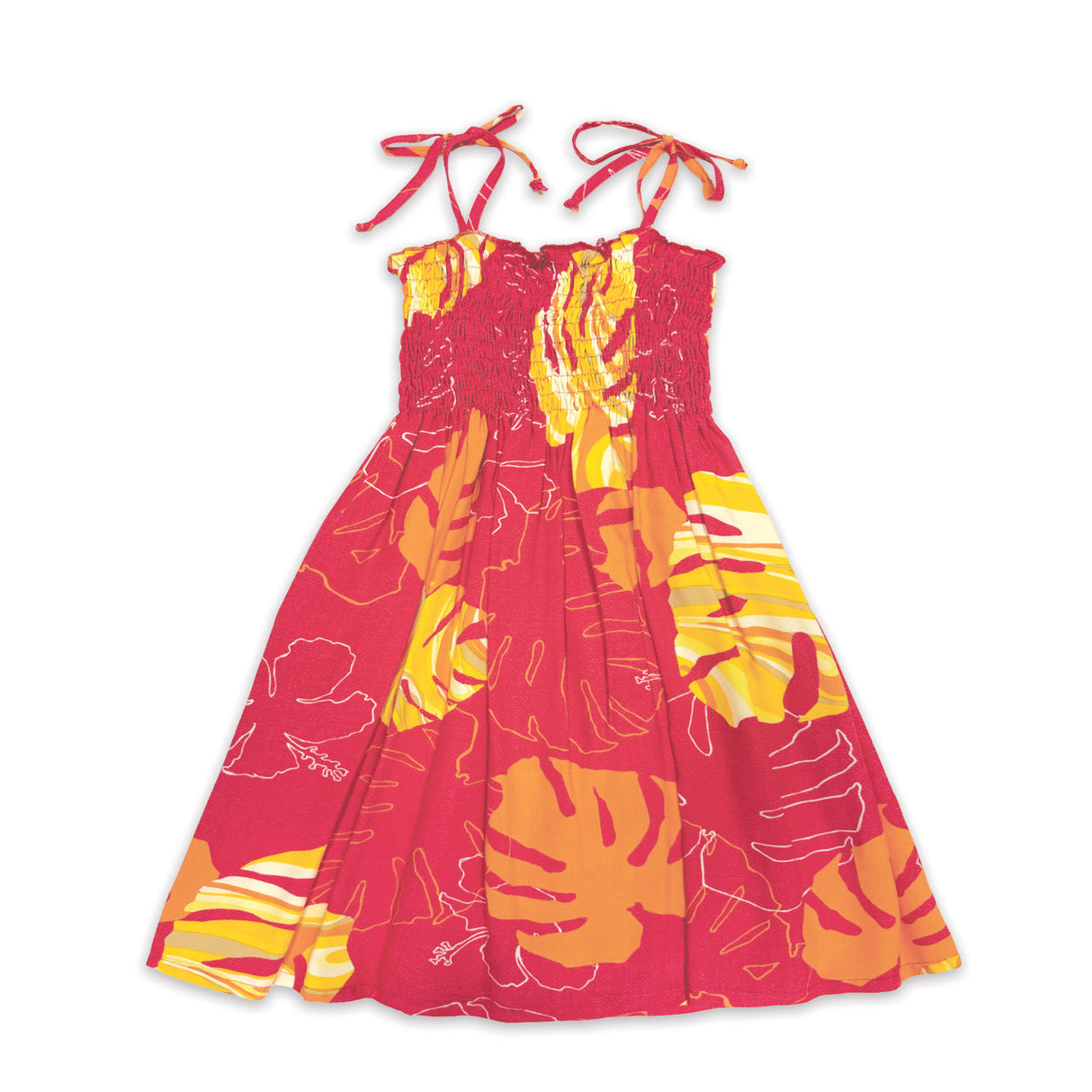 Monstera Waves II Guava Girls Babydoll Tie Strap Dress
