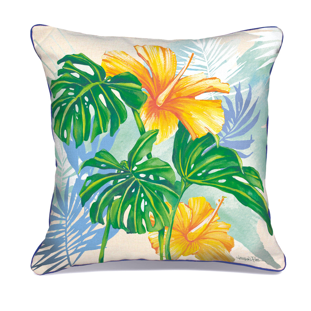 Cotton Linen Pillows, Monstera Hibiscus, 18x18