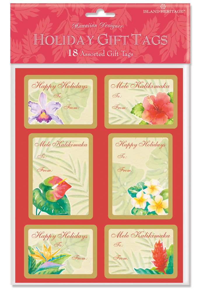 Pack of 18 adhesive gift tags featuring a Festive Florals design, showcasing vibrant floral patterns and festive colors, perfect for adding a cheerful touch to gifts.