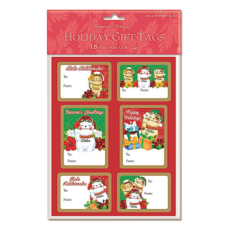 Pack of 18 adhesive gift tags featuring a Holiday Lucky Cat design, showcasing colorful illustrations of a festive cat, perfect for adding charm to gift wrapping.
