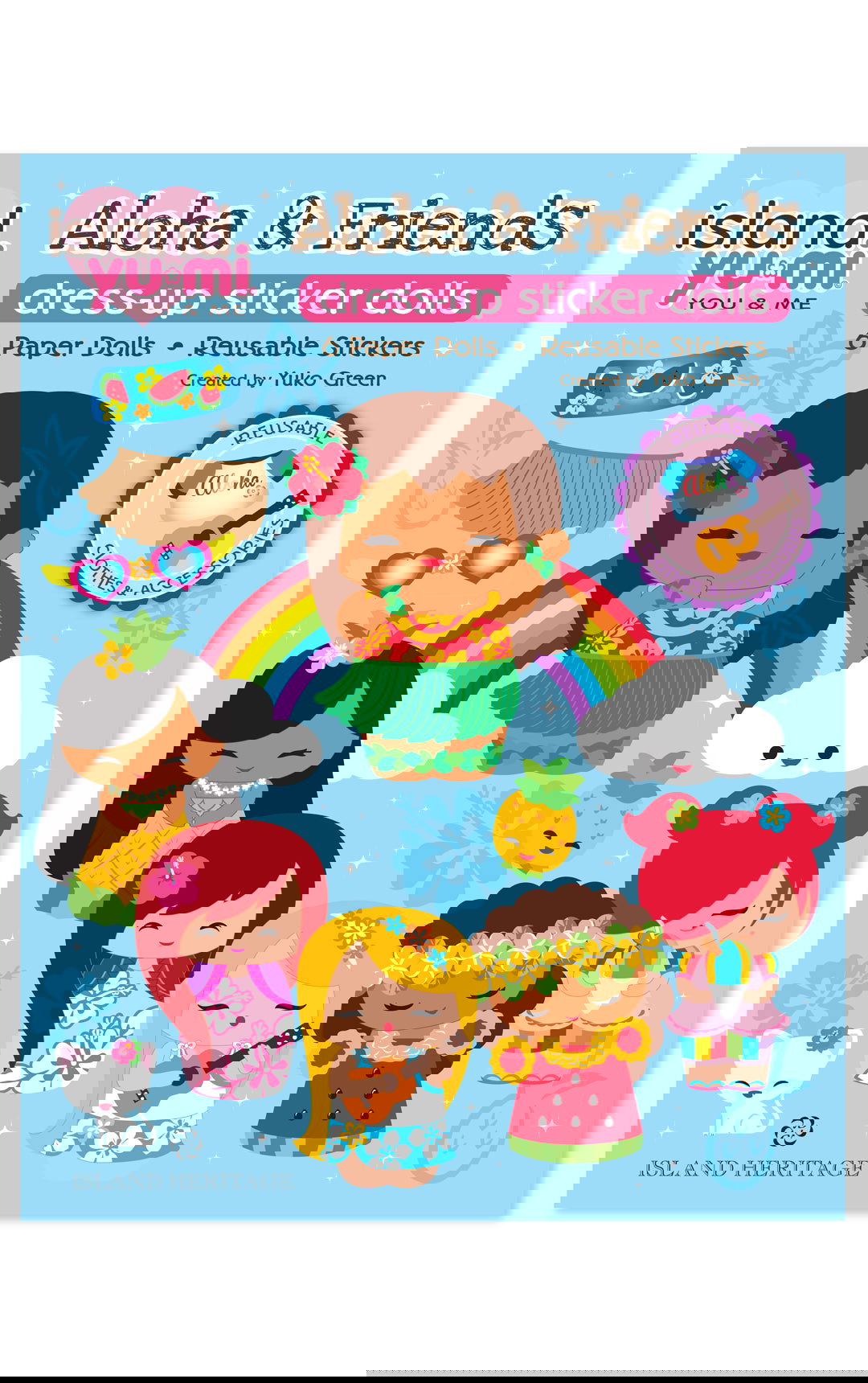 Cover of 'Aloha & Friends Island Yumi Paper Dolls,' showcasing colorful paper doll characters with tropical island-themed outfits and accessories.