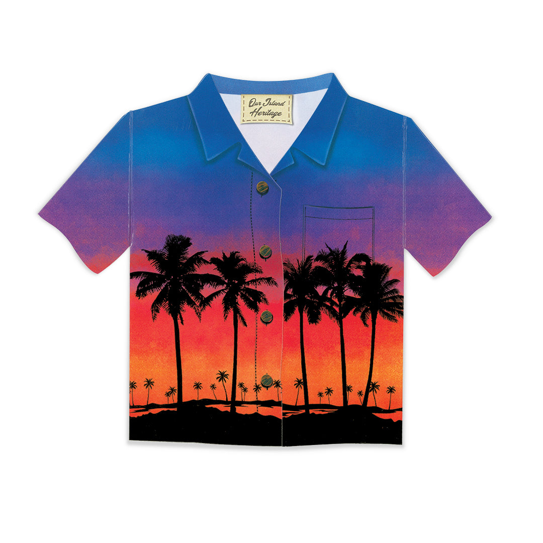 Aloha Shirt Greeting Card, Evening Palms, with tropical palm designs.