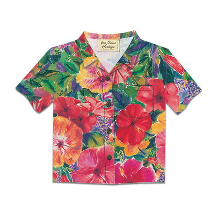 Aloha Shirt Greeting Card, Hibiscus Impression, showcasing vibrant hibiscus-inspired tropical designs on premium paper.