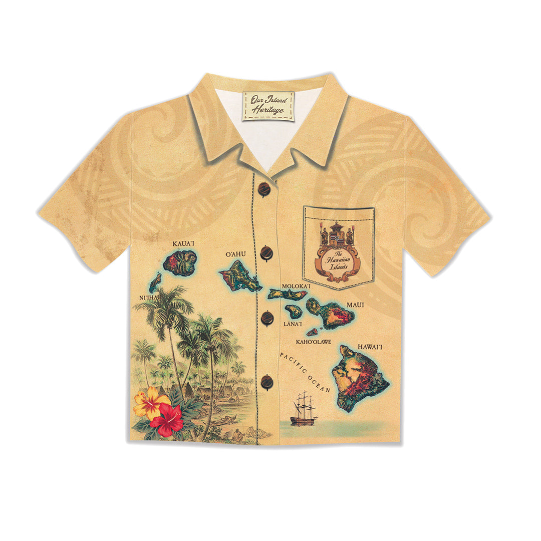 Aloha Shirt Greeting Card, Islands of Hawai‘i – Tan, featuring vibrant tropical designs.