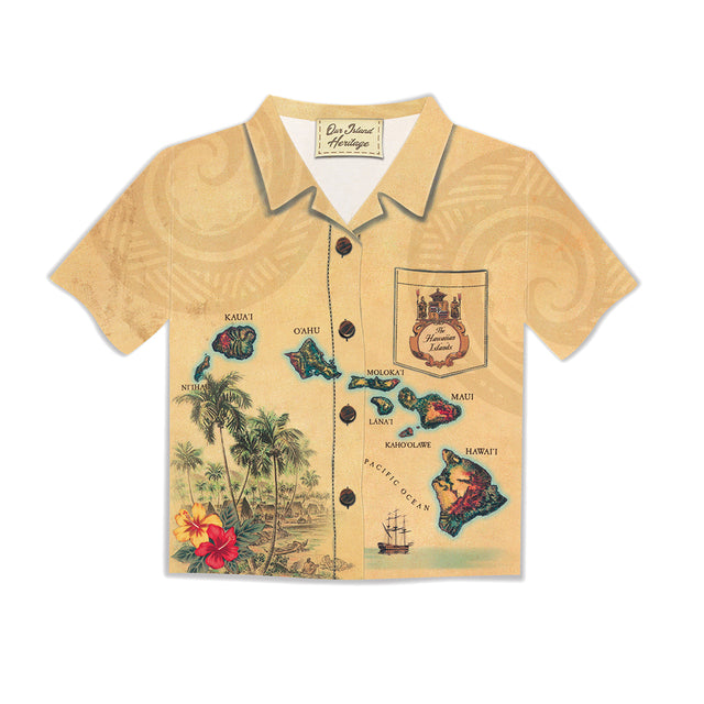 Aloha Shirt Greeting Card, Islands of Hawai‘i – Tan, featuring vibrant tropical designs.