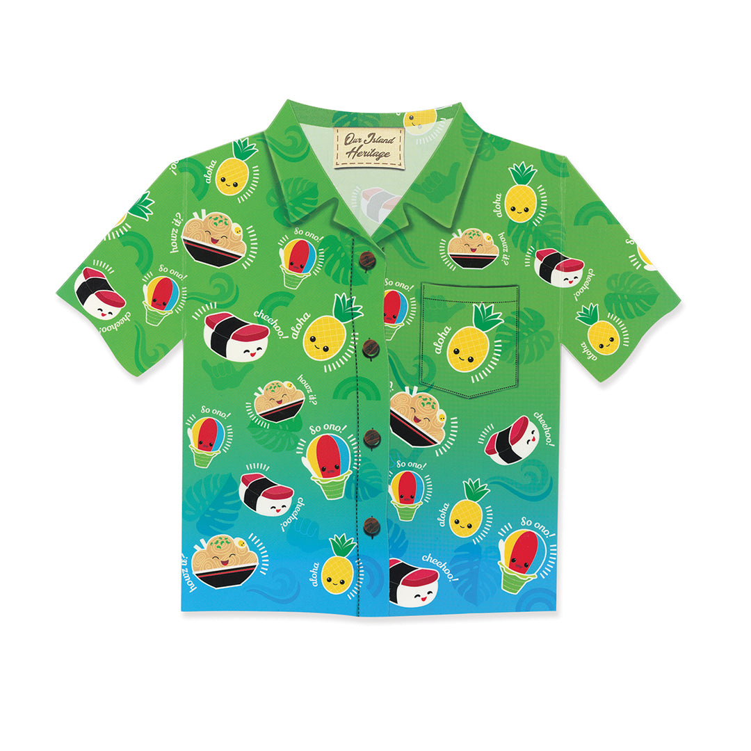 Aloha Shirt Greeting Card, Local Grindz, featuring vibrant tropical designs.