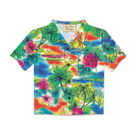Aloha Shirt Greeting Card, Modern Palms, showcasing vibrant tropical palm designs.