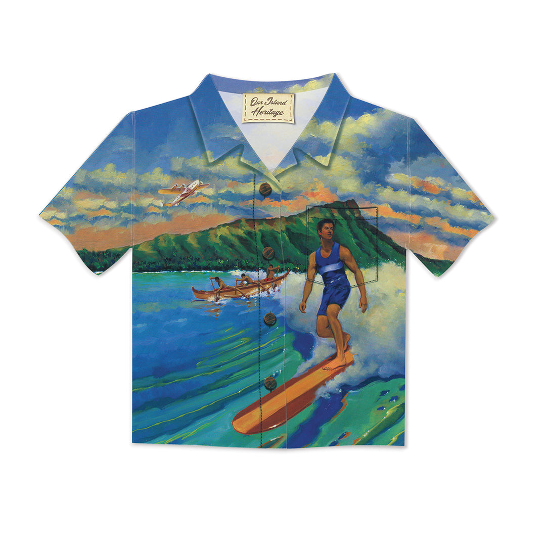 Aloha Shirt Greeting Card, Playground of the Pacific, showcasing vibrant tropical designs on premium paper.