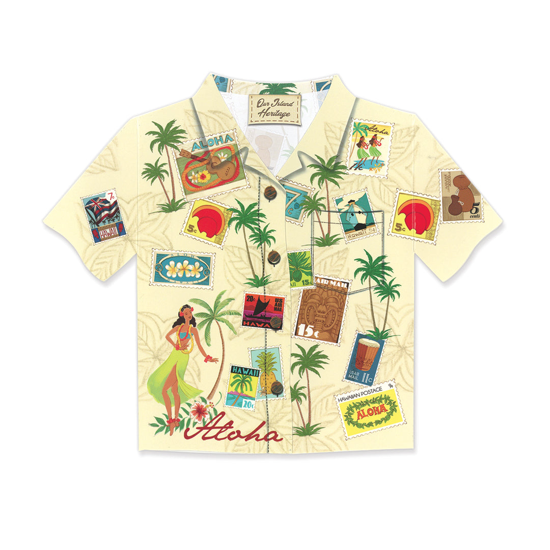 Aloha Shirt Greeting Card, Stamped With Aloha, with vibrant tropical prints.