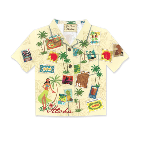 Aloha Shirt Greeting Card, Stamped With Aloha, with vibrant tropical prints.