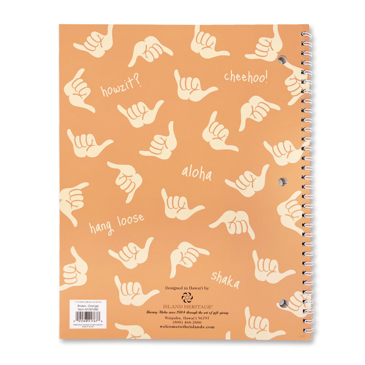 Back of a composition book with orange background and Hawaii words and shakas.