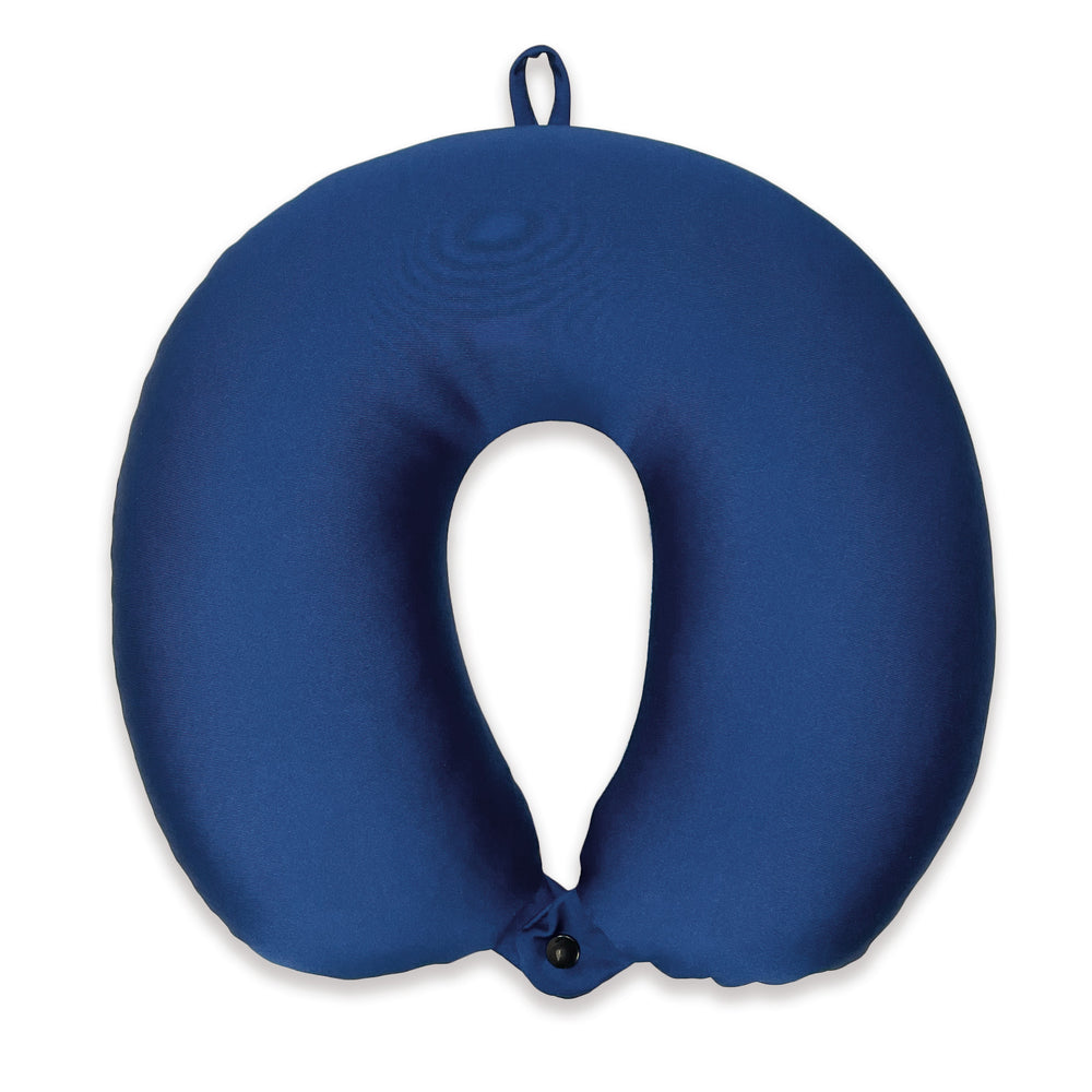 Back of a neck pillow blue with loop on top and button on bottom
