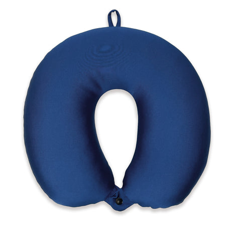 Back of a neck pillow blue with loop on top and button on bottom