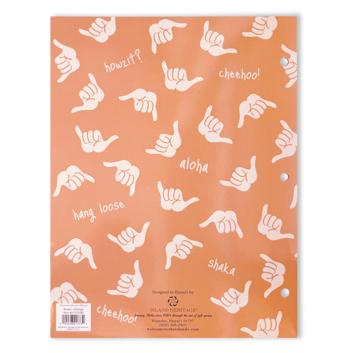 Back of a peach portfolio folder with shakas and words aloha cheehoo!, howzit?, and hang loose