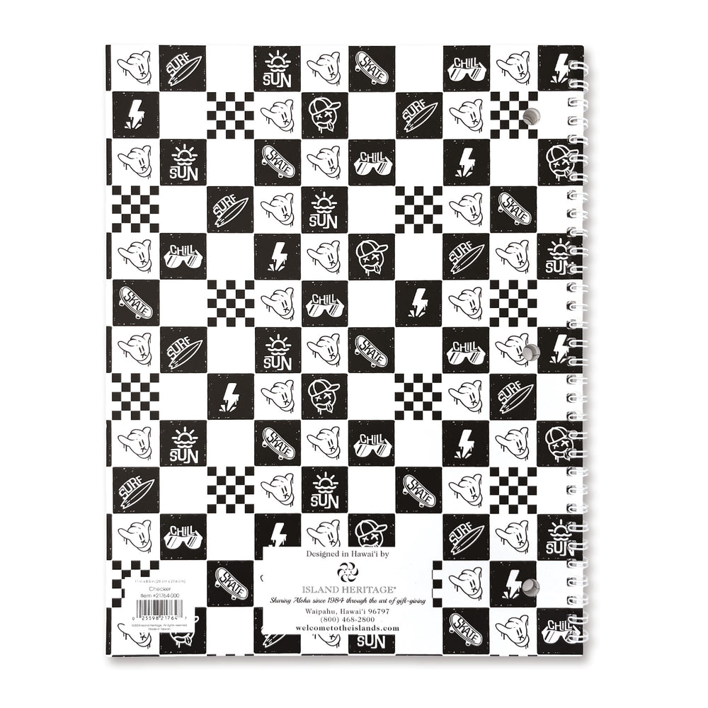Back of a spiral notebook that is checkered black and white sun surf skate theme
