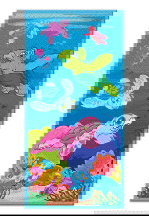 Beach towel featuring a cute Honu Ohana design, showcasing playful sea turtles in a colorful tropical setting, perfect for beach outings."