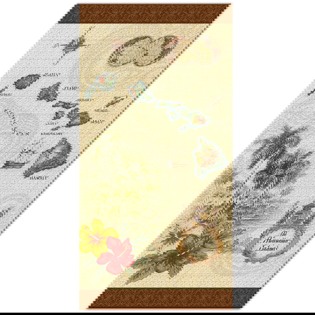 Beach towel with a tan design featuring the Islands of Hawaii, showcasing detailed illustrations of the islands and tropical elements, perfect for beach use.