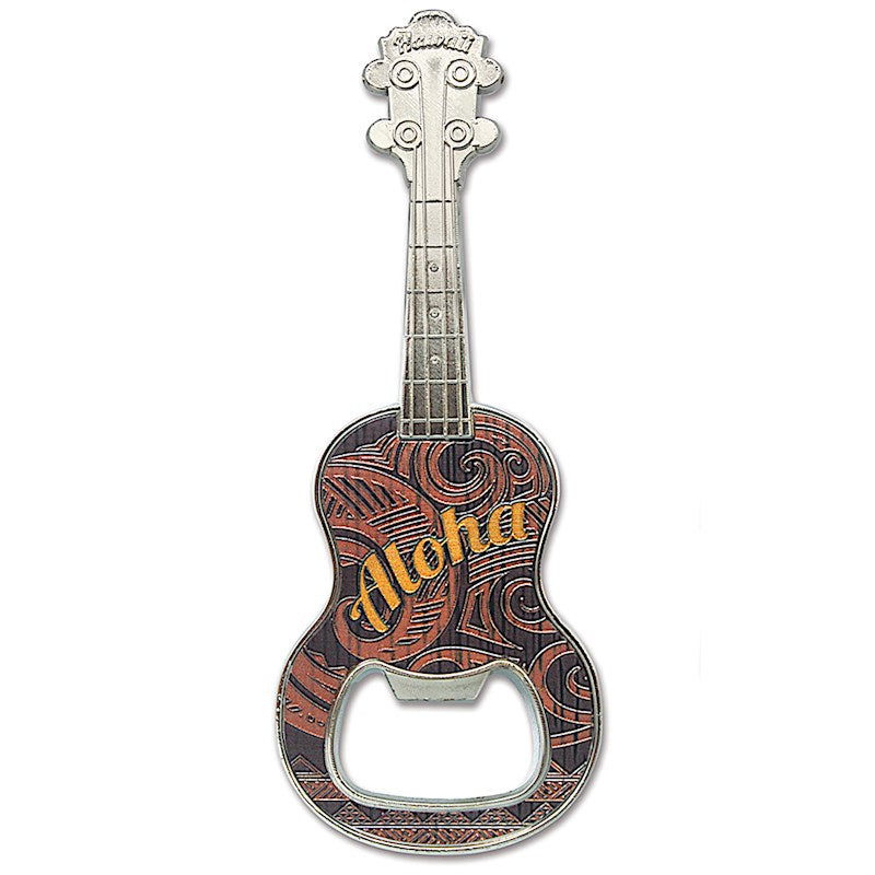Bottle opener magnet featuring an Aloha Ukulele design, showcasing vibrant tropical imagery, perfect for opening bottles with a fun, island-inspired flair.