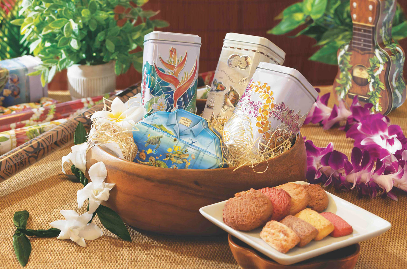 Cookie tins in a brown, cookies, gift wrap, plants.