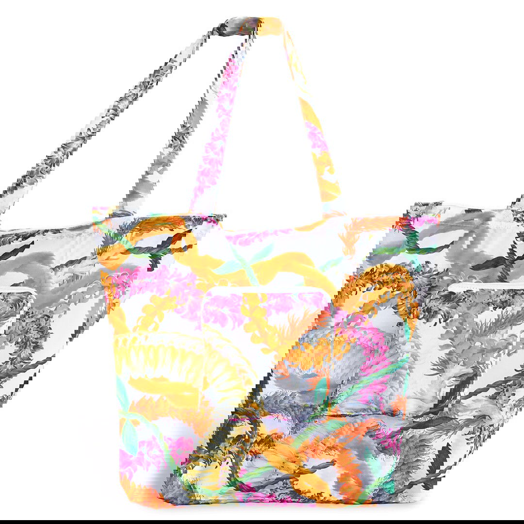 Deluxe Foldable Tote with vibrant Leis of Aloha design, perfect for carrying essentials.