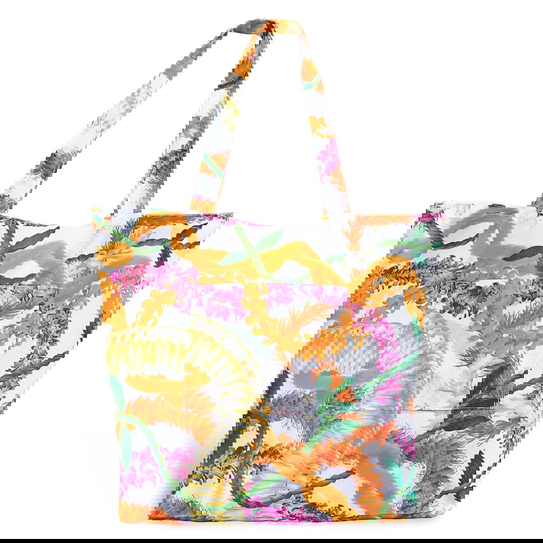 Compact and stylish foldable tote featuring a colorful Leis of Aloha floral pattern.