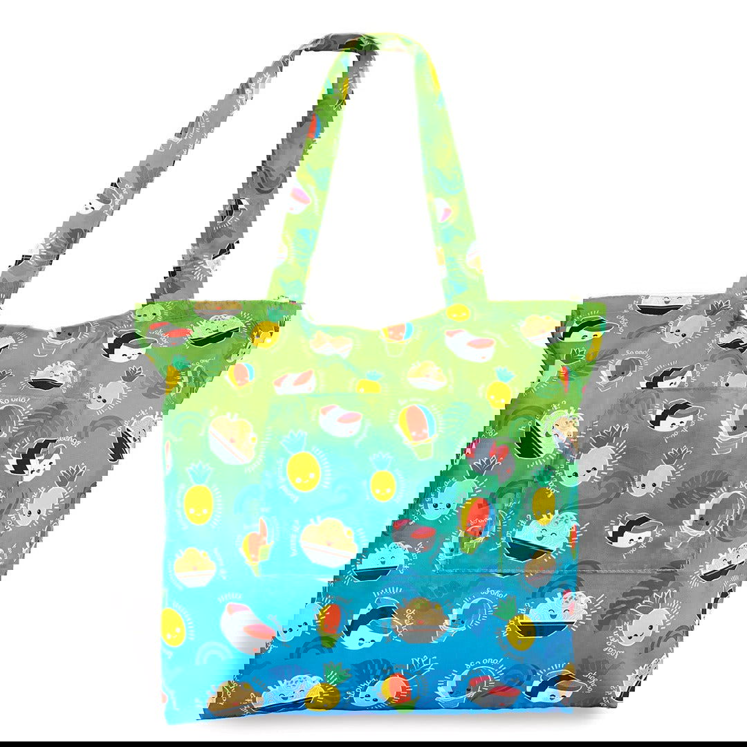 Compact and reusable foldable tote bag with a fun Local Grindz pattern, ideal for eco-friendly shopping.