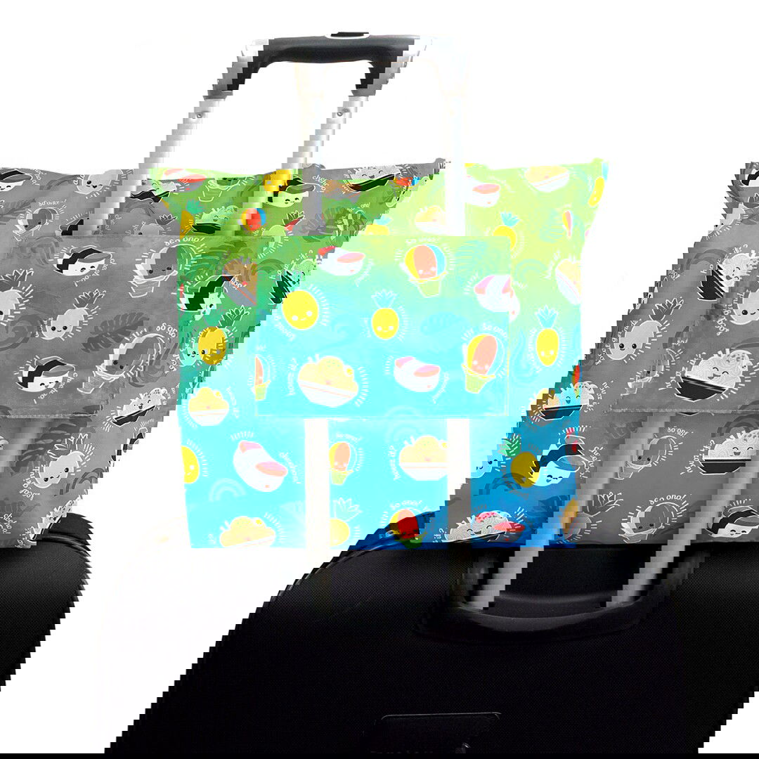 Durable foldable tote bag in Local Grindz design, combining convenience and a playful touch of Hawaiian culture.