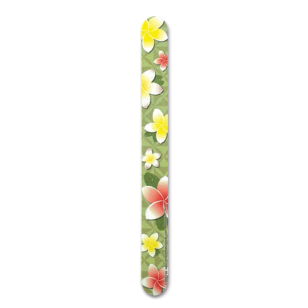 Plumeria Aloha Emery Board with island design, non-toxic glitter, rhinestones, and foam pad insert for buffing nails and toenails.