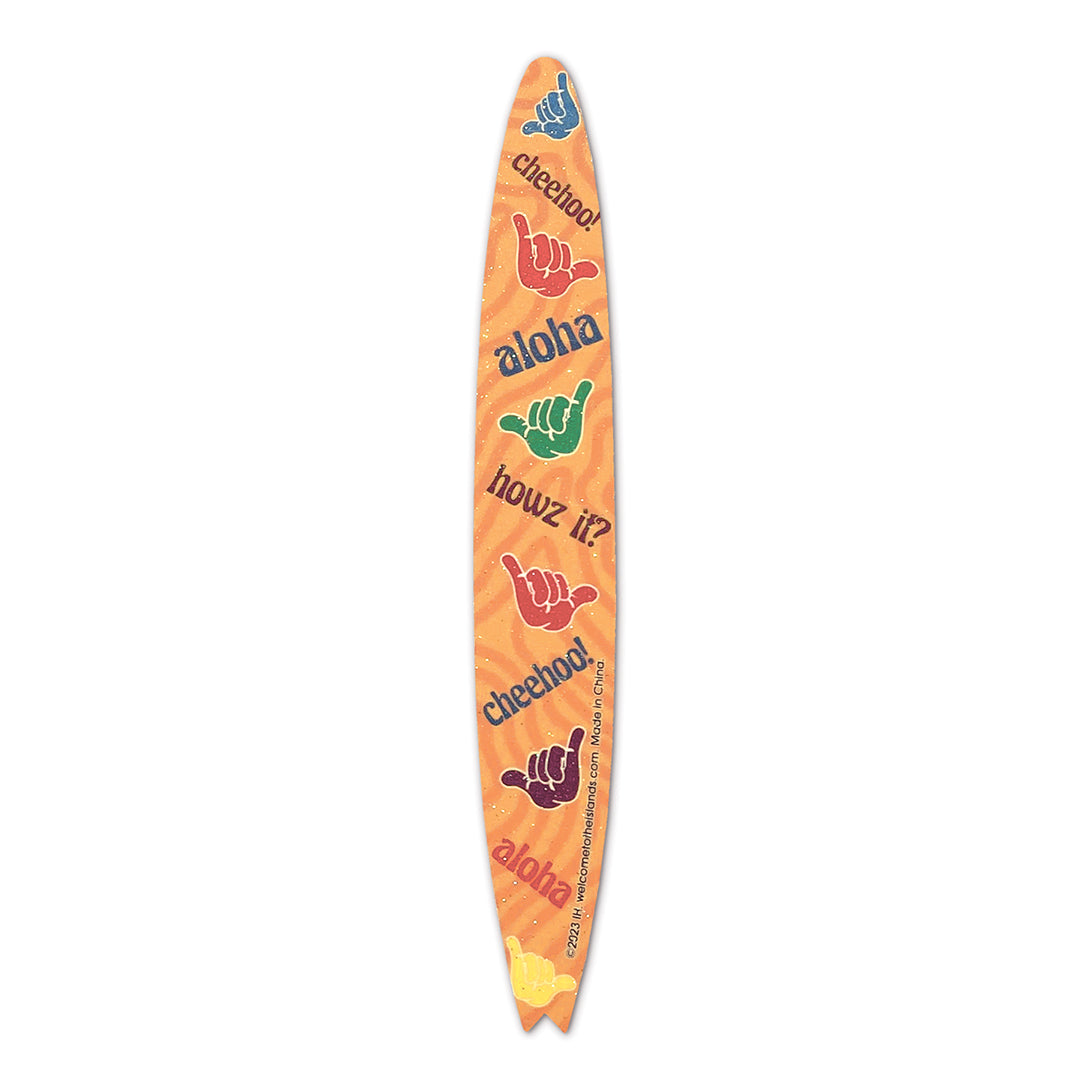 Surfboard Emery Board, Shaka Fun, island-themed design with non-toxic glitter, rhinestones, and a foam pad insert for shaping and buffing nails.