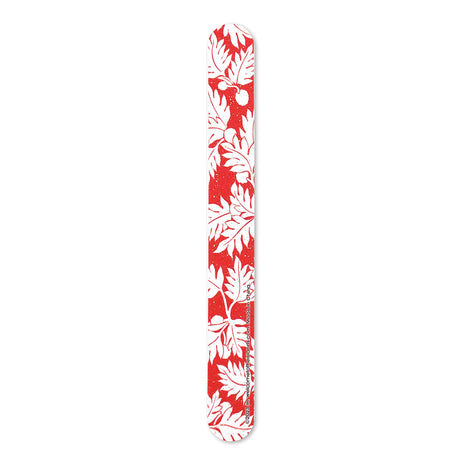 ‘Ulu Red Emery Board with island design, non-toxic glitter, rhinestones, and foam pad insert for shaping nails and toenails.
