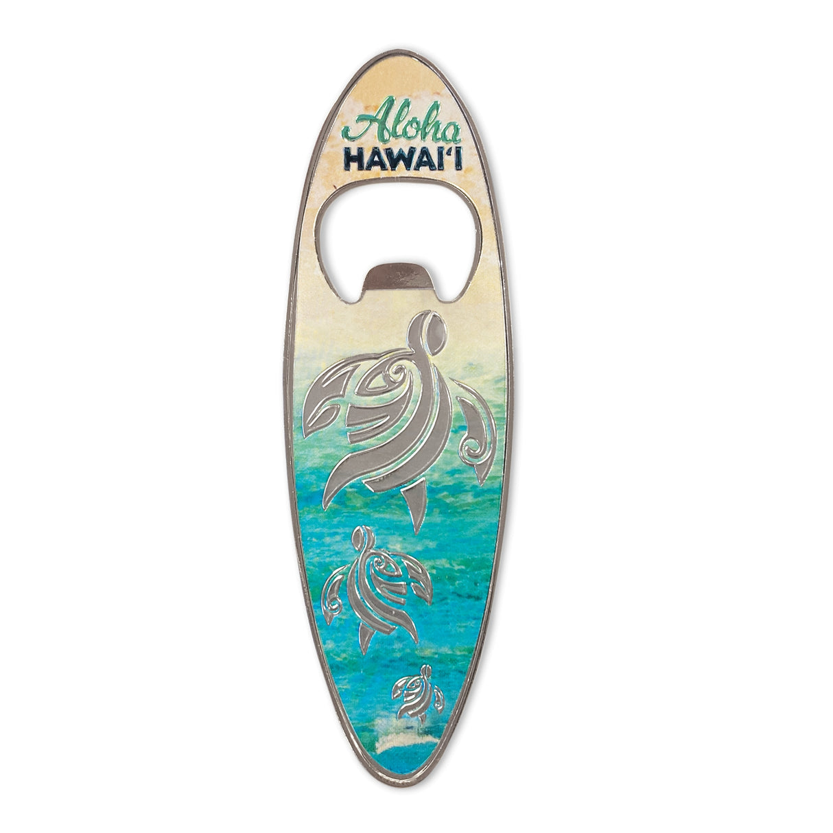 Honu Makai foil bottle opener magnet with tropical design and strong magnet for kitchen or bar use.